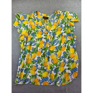 Premise Woman Lemon Print Flutter Sleeve V-Neck Blouse 1X Yellow Blue Coastal
